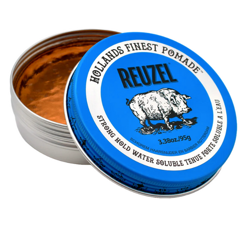 Reuzel pomade container with blue lid and silver base on a white background