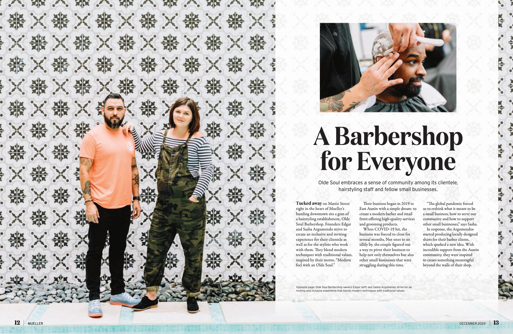 Olde Soul Barber Collective founders Edgar and Oleksandra Argumedo are standing in front of an artistic tiled wall at the Olde Soul Barber Mueller location in Austin, TX. Edgar wears a casual orange t-shirt and black jeans, while Sasha sports camouflage overalls and a striped shirt. The photo highlights the welcoming and inclusive vibe of this local Austin barbershop. The accompanying image shows a barber providing a beard trim to a client, showcasing skilled grooming services at Olde Soul Barbershop.