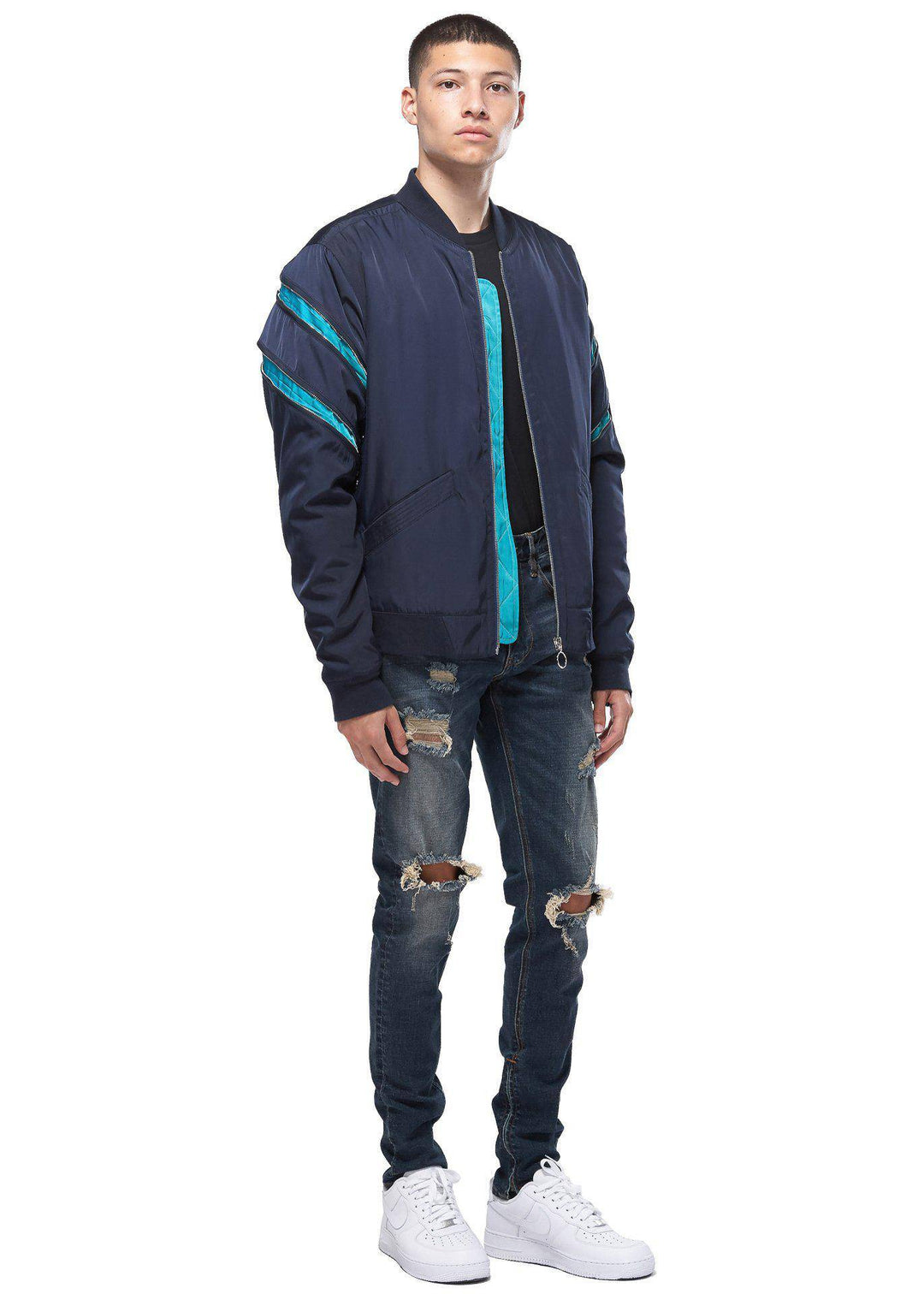 Konus Men's Bomber Jacket with Zipper Details in Navy by Shop at Konus