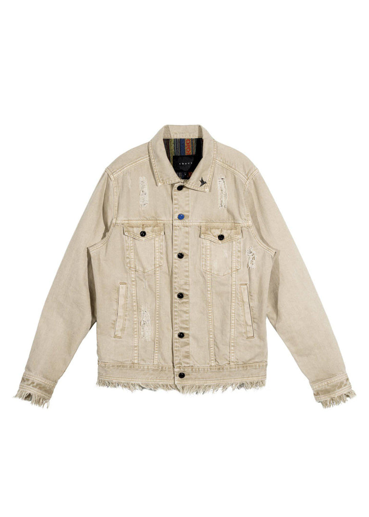 Konus Men's Frayed Cuffs Denim Trucker Jacket in Khaki by Shop at Konus