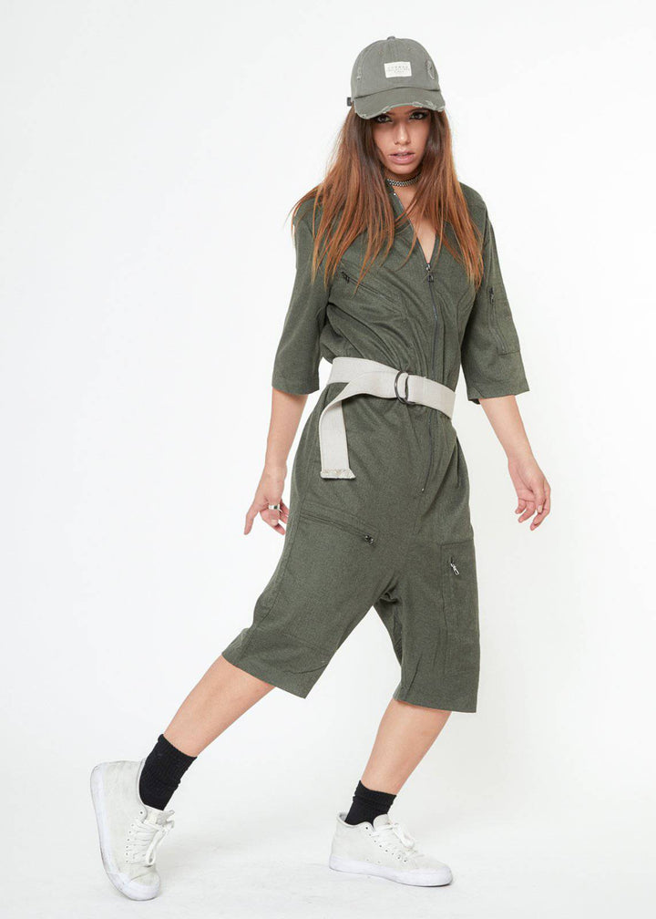 Unisex Short Sleeve Overall With Zipper Pockets In Olive by Shop at Konus