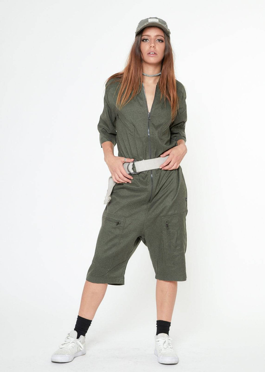 Unisex Short Sleeve Overall With Zipper Pockets In Olive by Shop at Konus