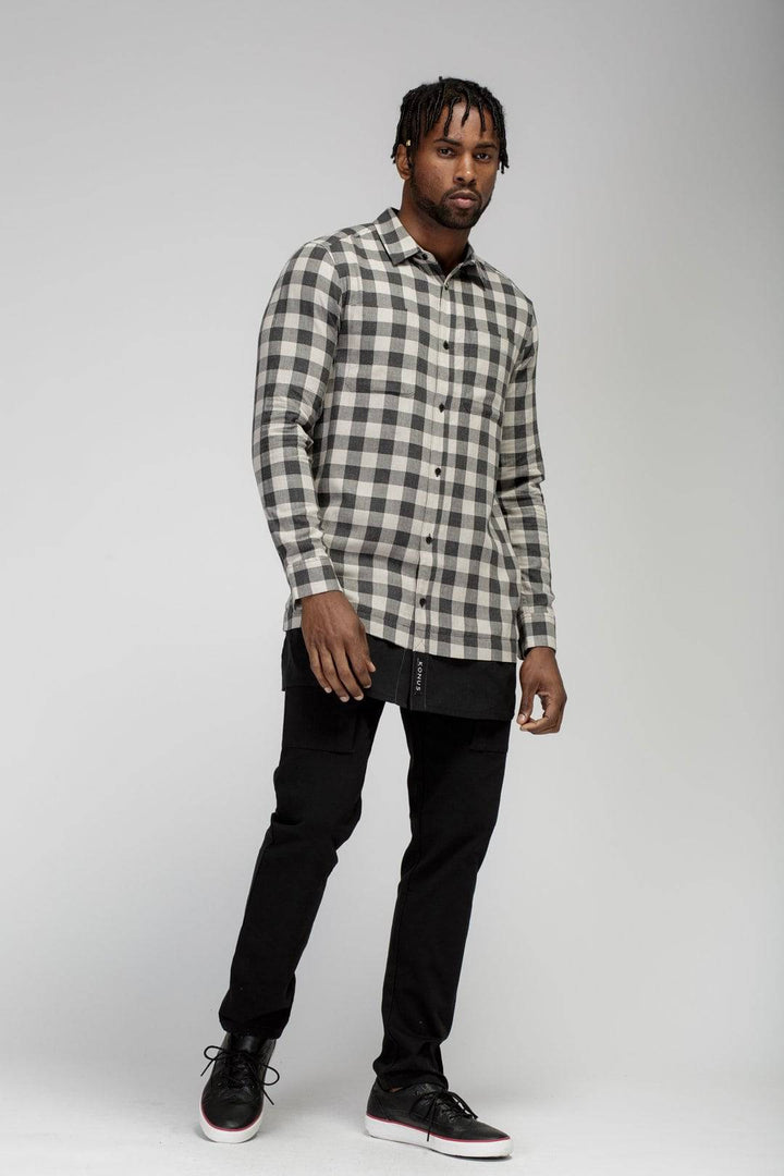 Konus Men's Longline Button up Shirt in Plaid in Charcoal by Shop at Konus