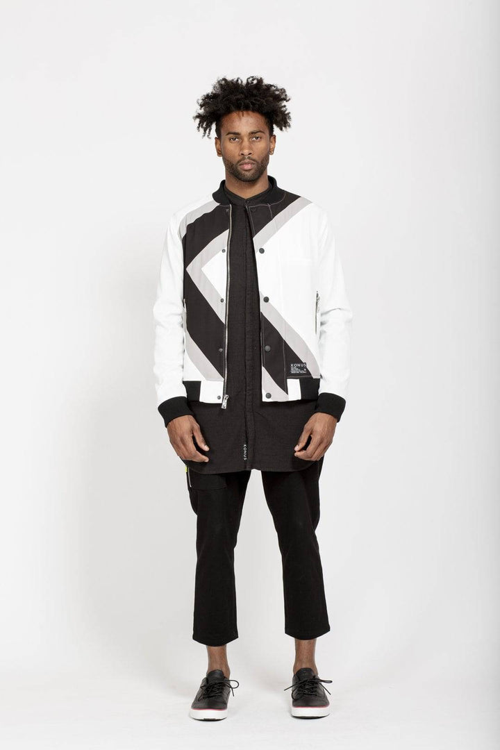 Konus Men's Bomber Jacket With Geometric Panels in White by Shop at Konus