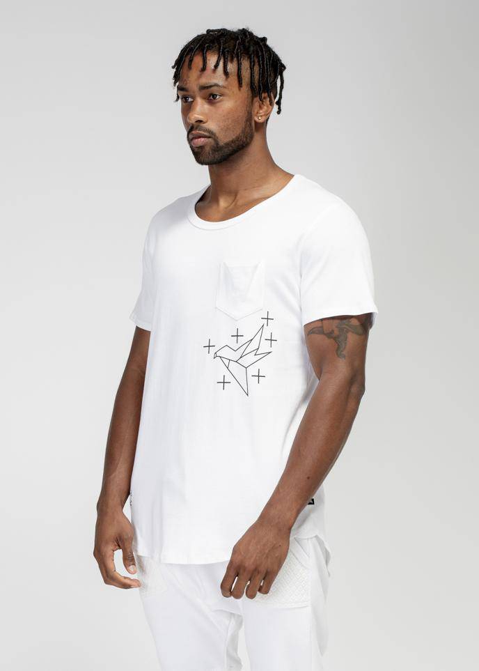 Konus Men's Bird Graphic Curved Hem Tee in White by Shop at Konus