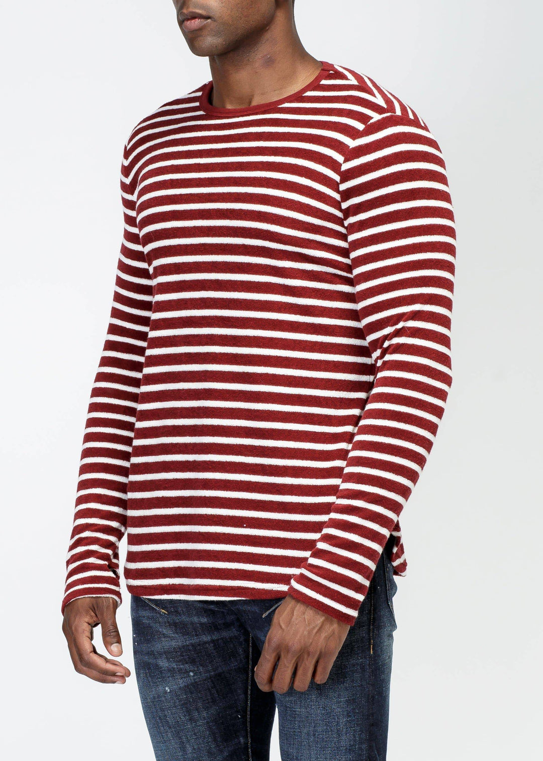 Konus Men's Scalloped Stripe Long Sleeve Tee in Burgundy by Shop at Konus