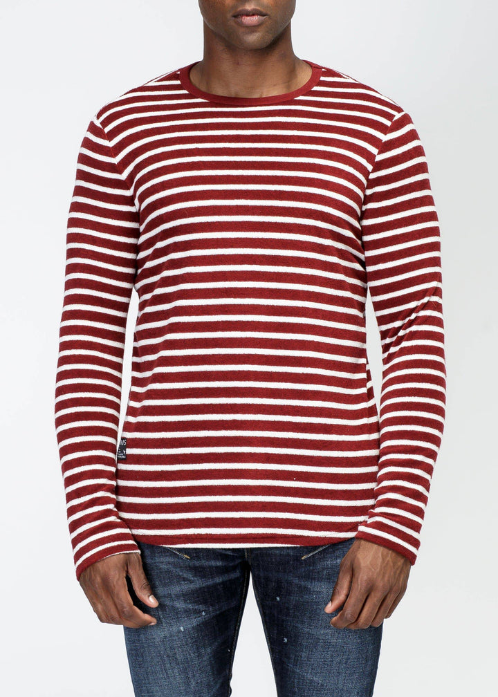 Konus Men's Scalloped Stripe Long Sleeve Tee in Burgundy by Shop at Konus