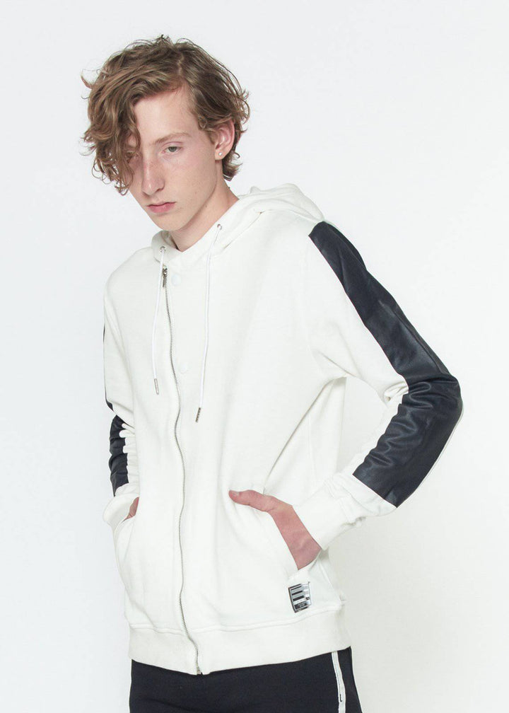 Konus Biker Hoodie with Block Print on Sleeves in White by Shop at Konus