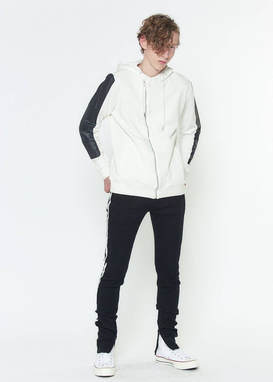 Konus Biker Hoodie with Block Print on Sleeves in White by Shop at Konus