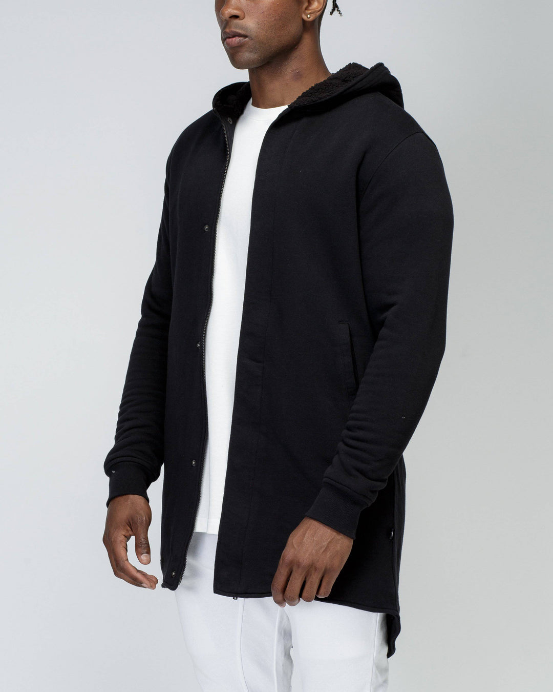 Men's Sherpa Lined Long Hoodie in Black by Shop at Konus