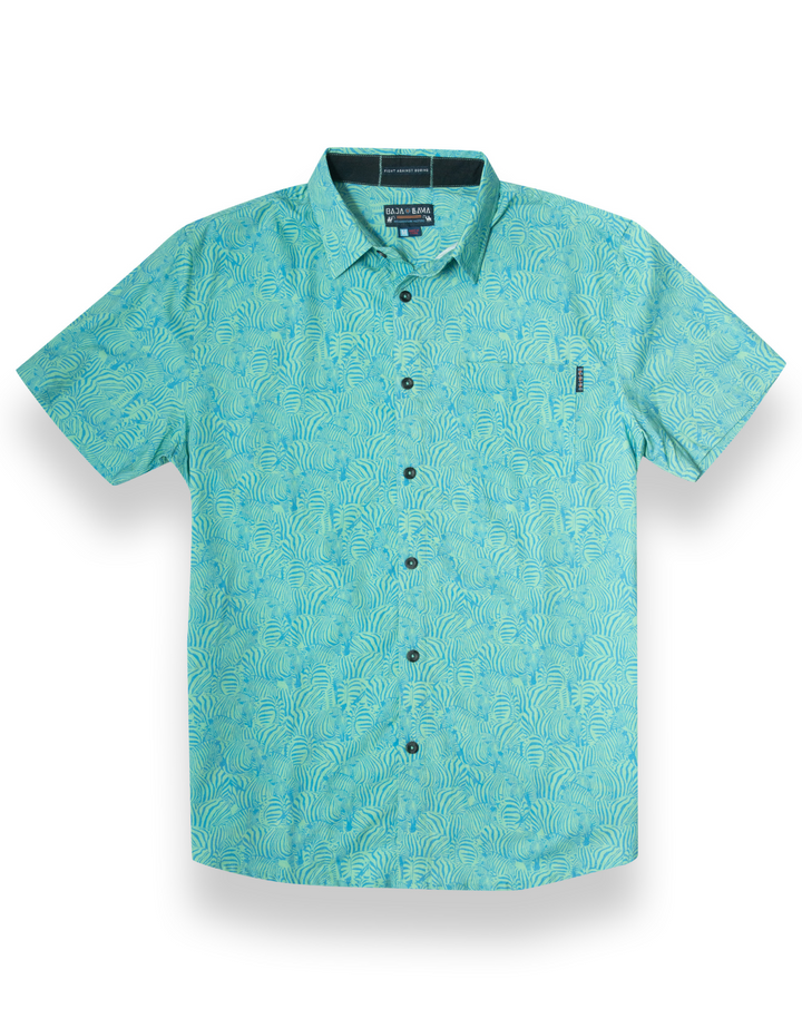 TOO MANY LINES - TURQUOISE ZEBRA  7-SEAS™ BUTTON UP by Bajallama