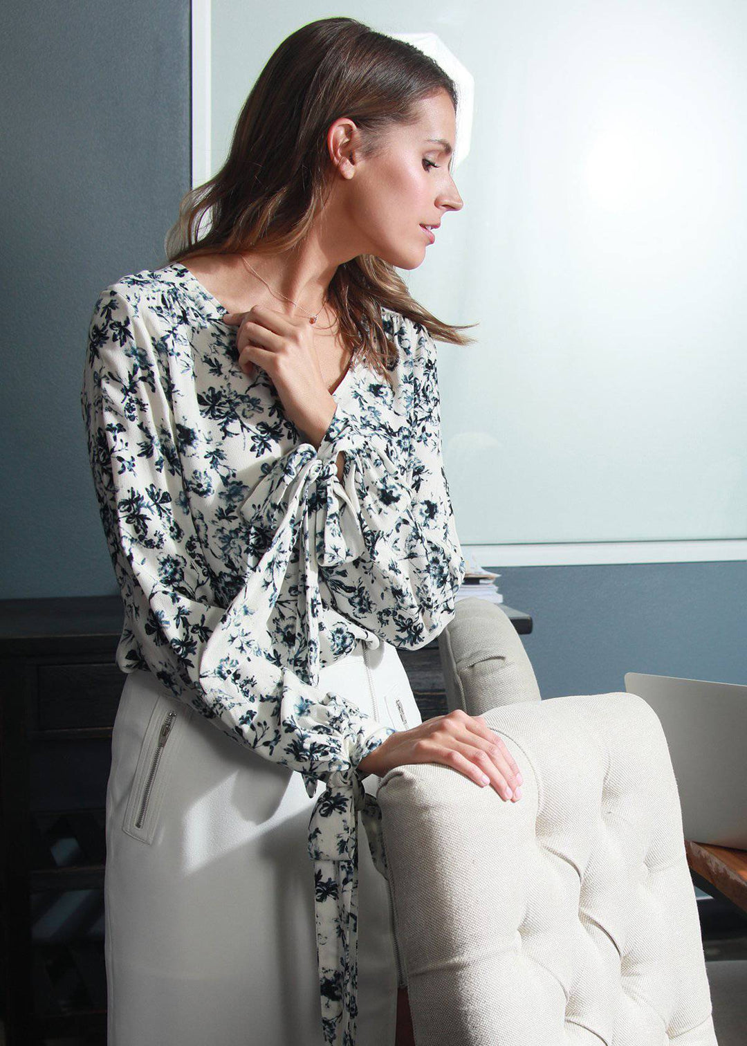 Floral V-neck Tie Cuff Blouse In Ivory Floral Garden by Shop at Konus