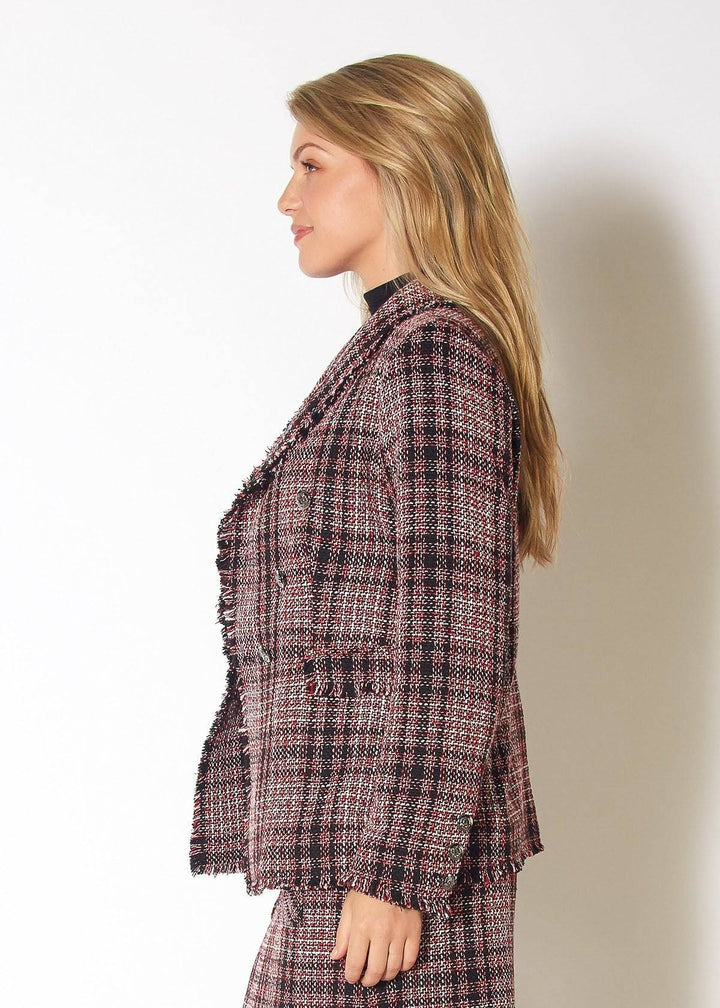 Fringe Hem Plaid Tweed Blazer in Red Black Tweed by Shop at Konus