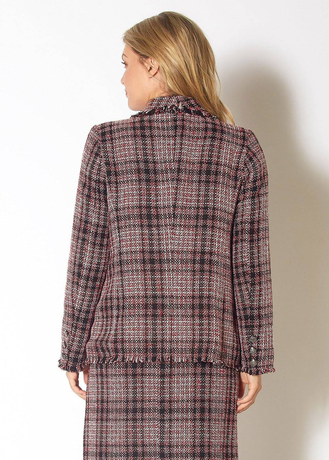 Fringe Hem Plaid Tweed Blazer in Red Black Tweed by Shop at Konus