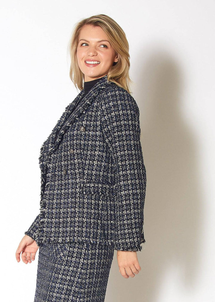 Women's Tweed Fringe Hem Blazer Jacket in Navy Tweed by Shop at Konus