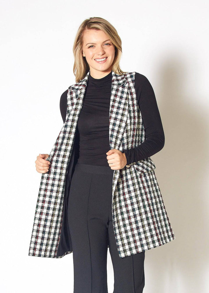 Women's Boucle Longline Vest in Black Plaid by Shop at Konus