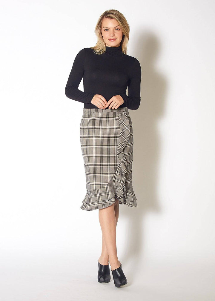 Women's Ruffle Trimmed Pencil Skirt in Black Plaid by Shop at Konus