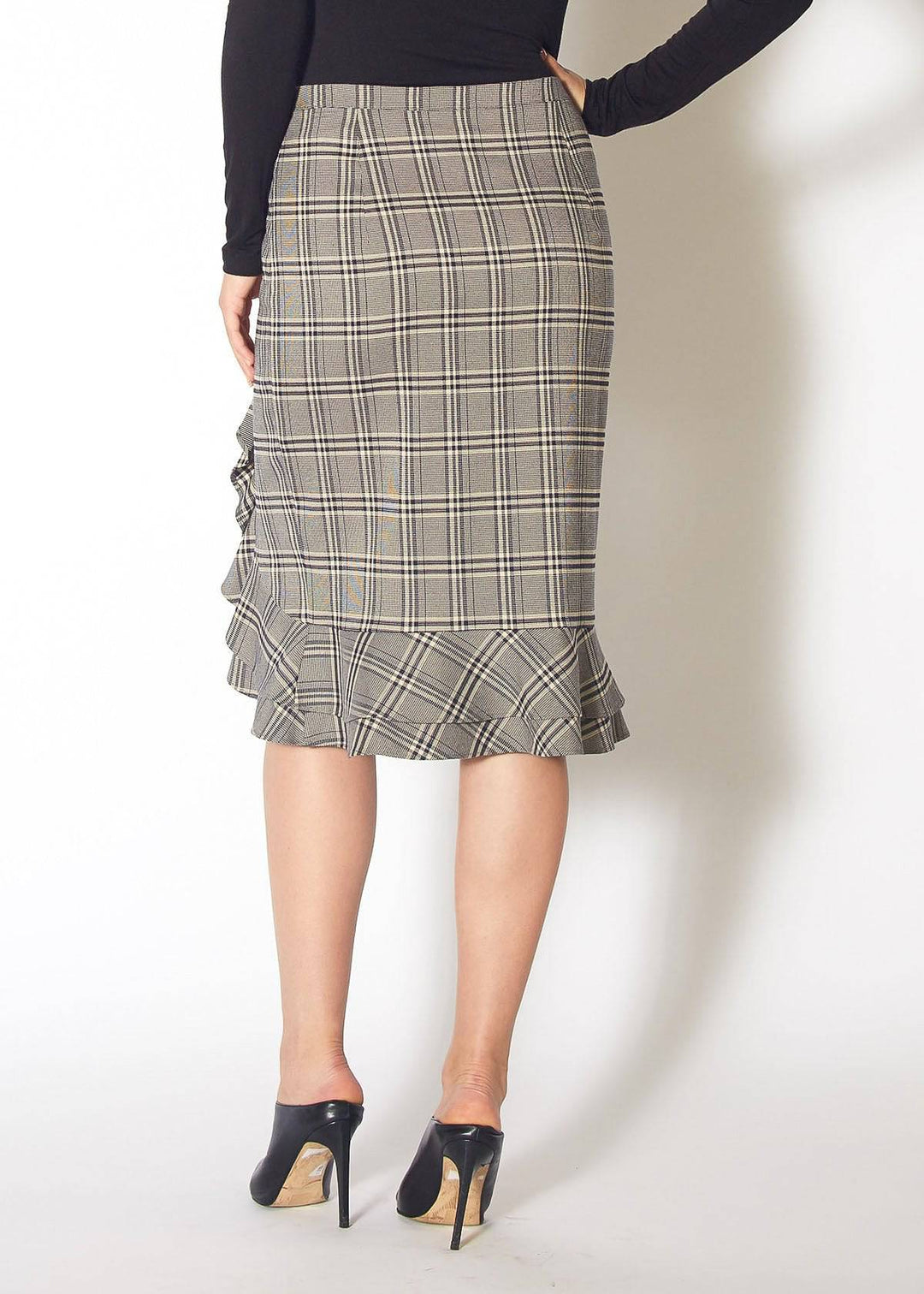 Women's Ruffle Trimmed Pencil Skirt in Black Plaid by Shop at Konus