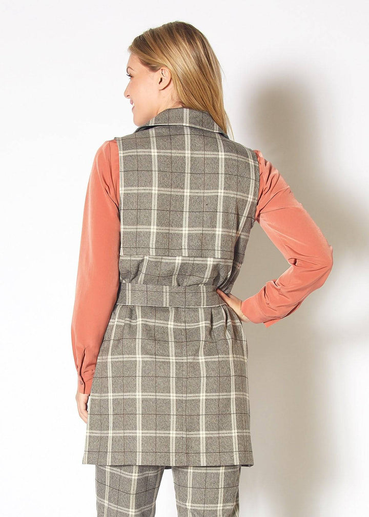 Women's Sleeveless Tie Waist Vest in Mocha Plaid by Shop at Konus