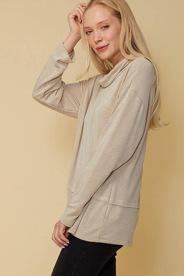 Women's Cowl Neck Drop Shoulder Layered Hem Top in Beige by Shop at Konus