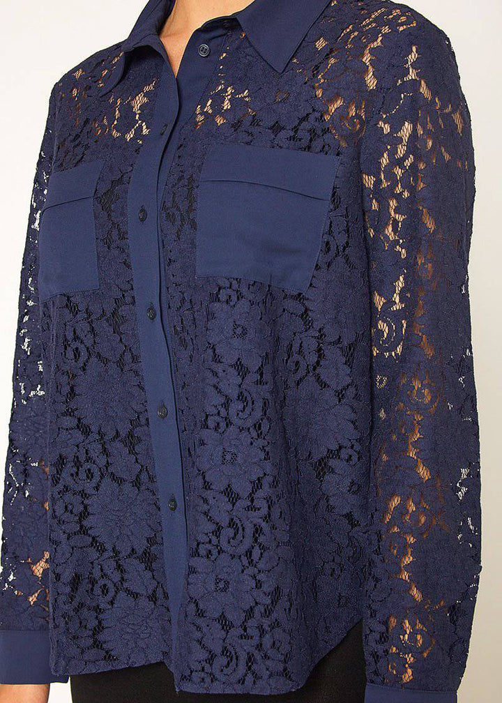 Women's Button Up Flower Lace Blouse in Navy by Shop at Konus