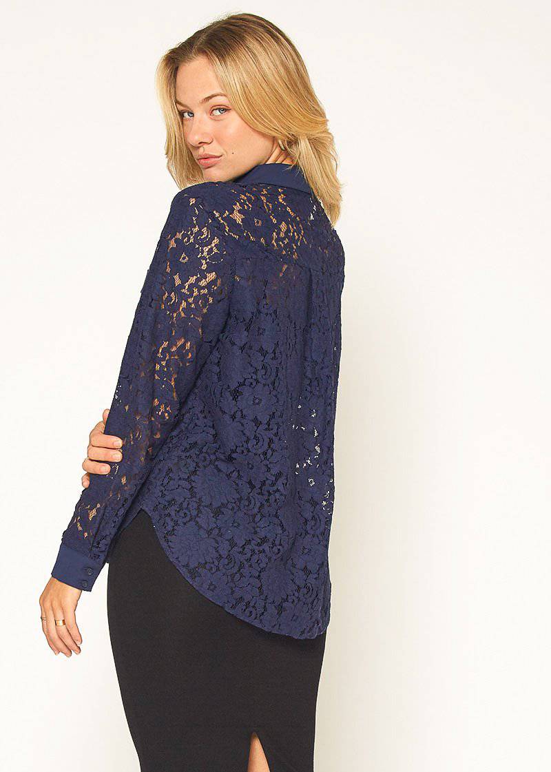 Women's Button Up Flower Lace Blouse in Navy by Shop at Konus