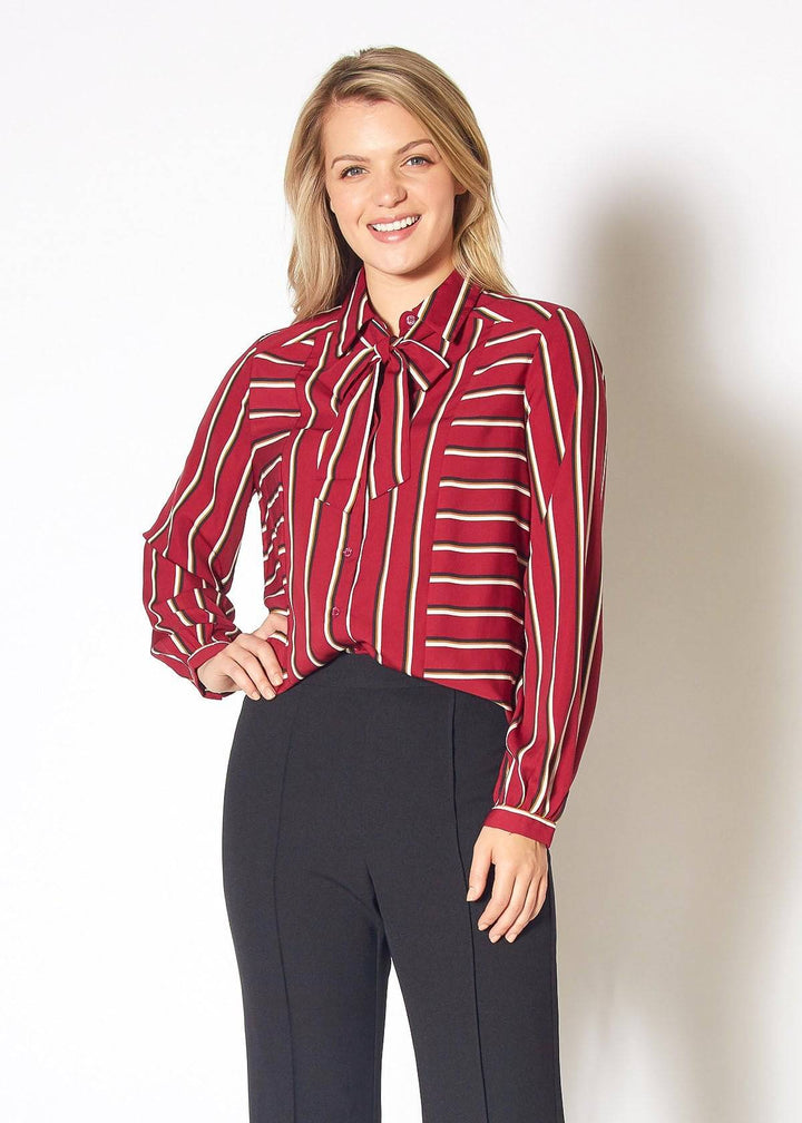 Womens Stripe Tie Neck Blouse in Dark Red Multi Stripe by Shop at Konus