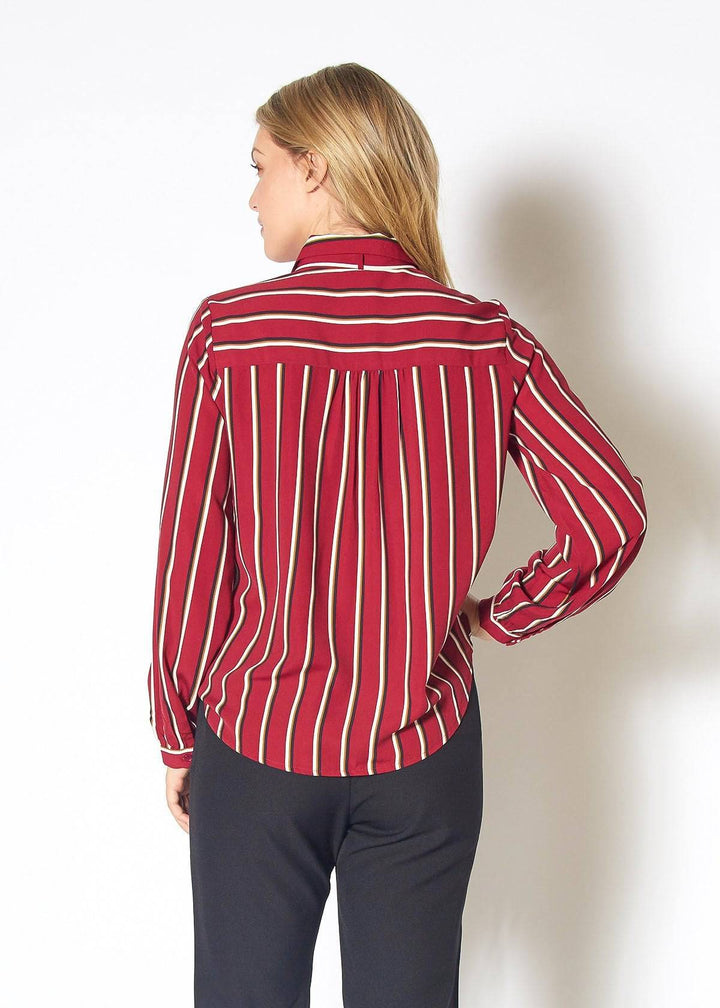 Womens Stripe Tie Neck Blouse in Dark Red Multi Stripe by Shop at Konus