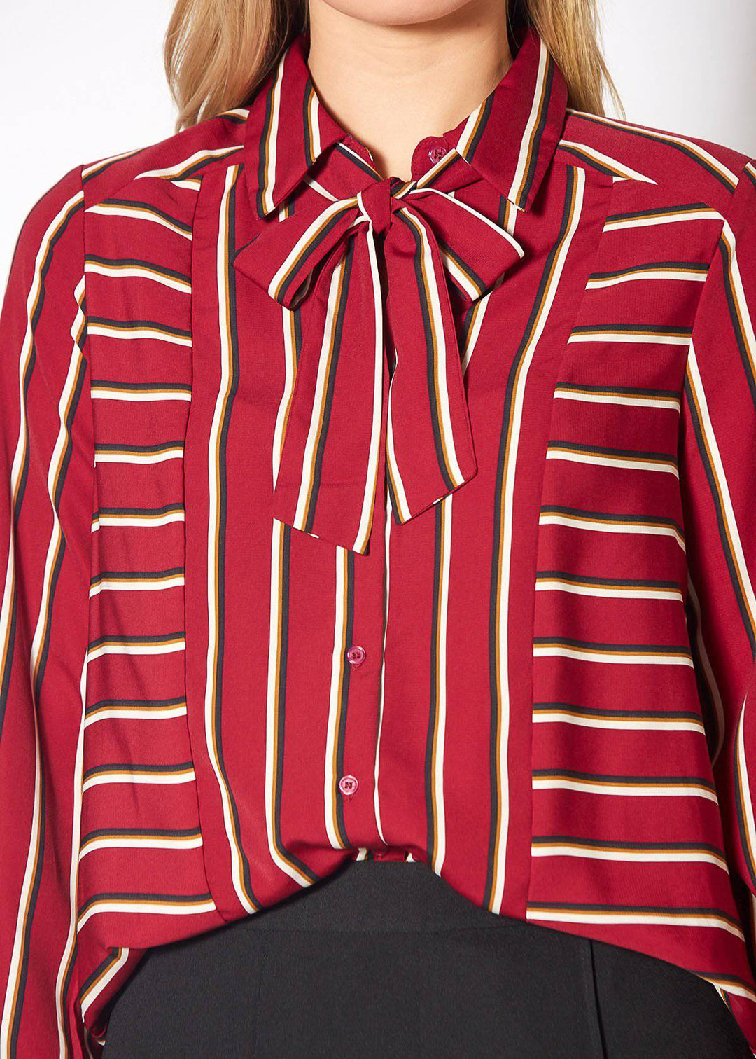 Womens Stripe Tie Neck Blouse in Dark Red Multi Stripe by Shop at Konus