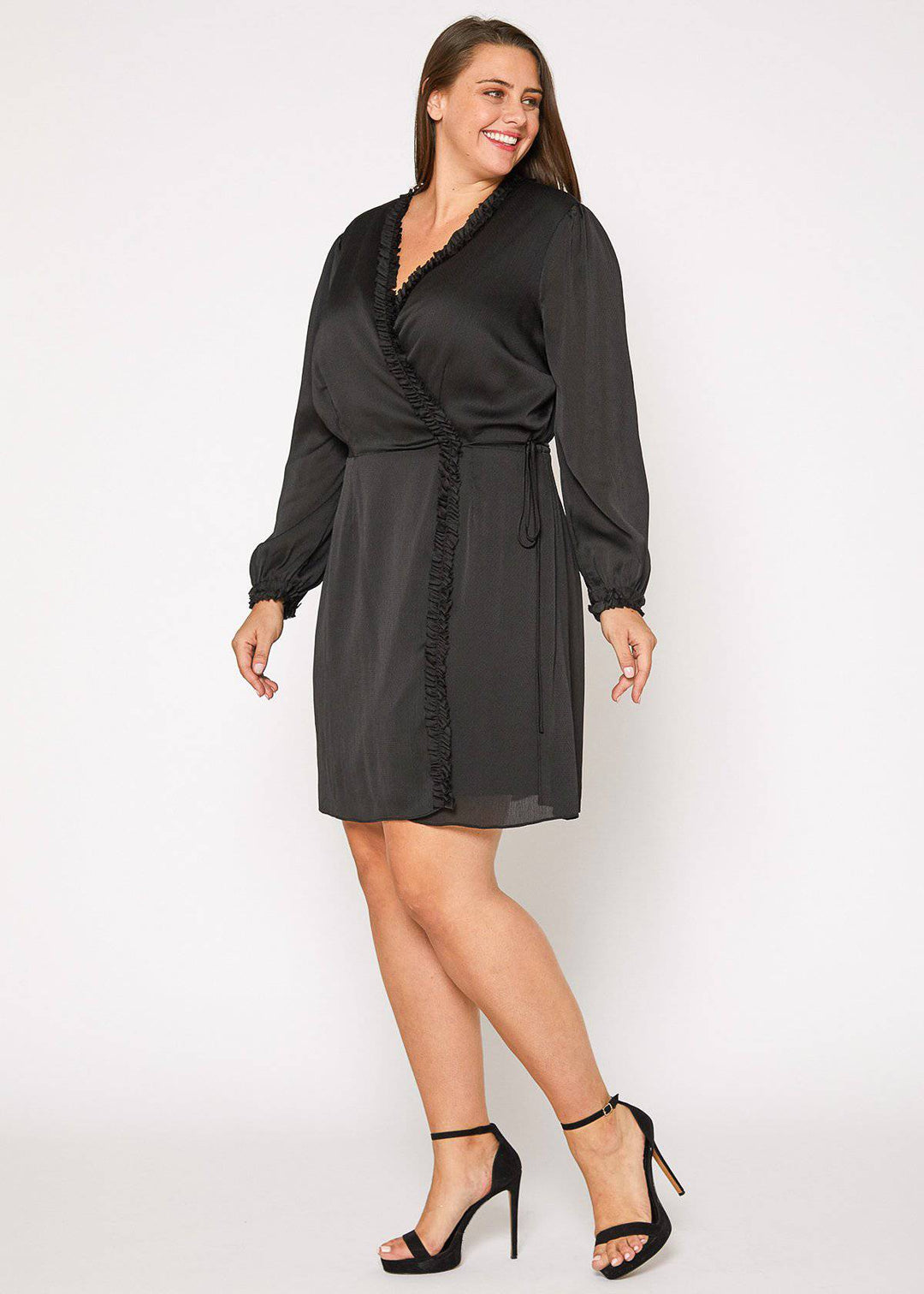 Plus Size Ruffle Trim Long Sleeve Wrap Dress in Black by Shop at Konus