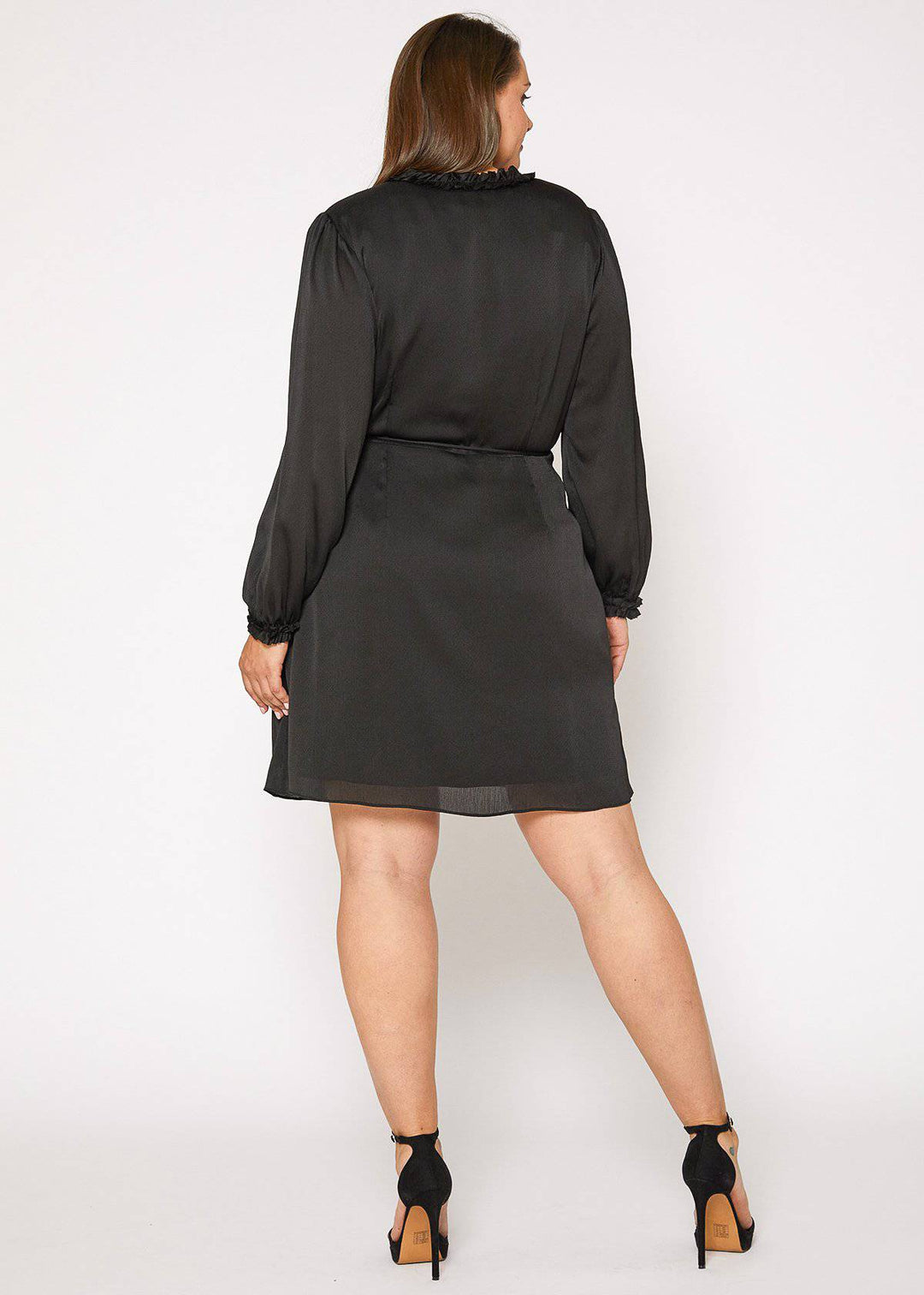 Plus Size Ruffle Trim Long Sleeve Wrap Dress in Black by Shop at Konus