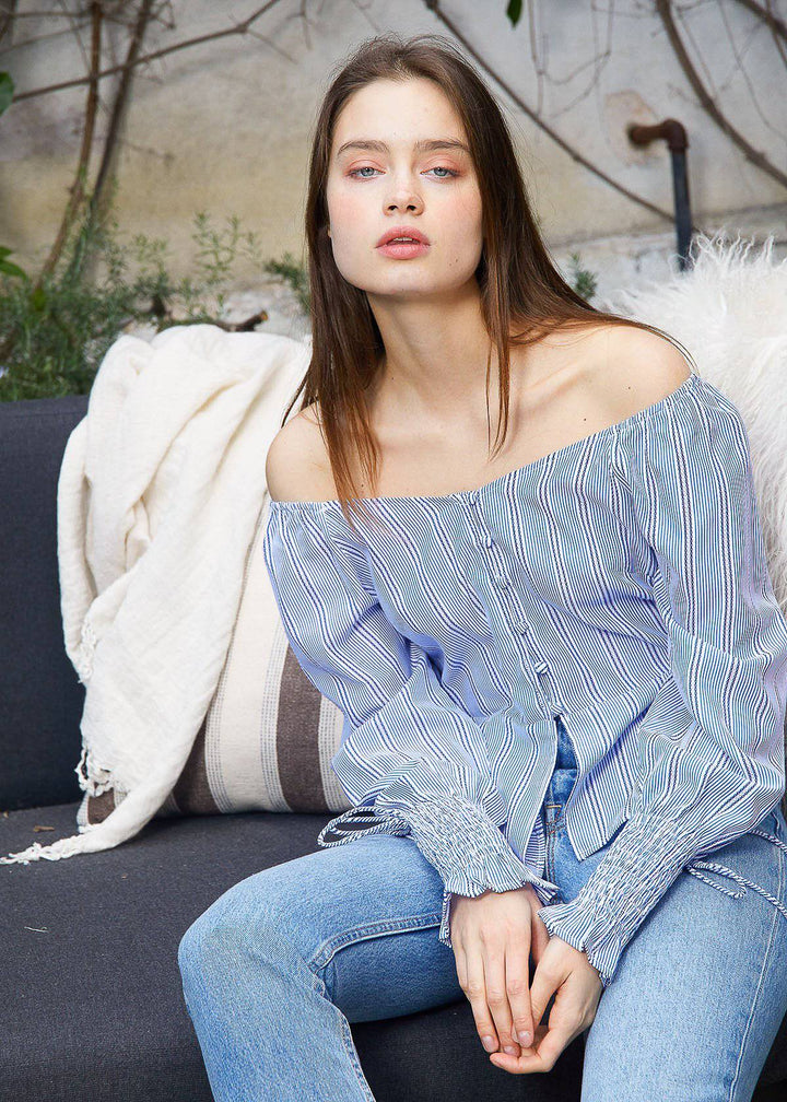 Stripe Off Shoulder Blouse in Blue by Shop at Konus