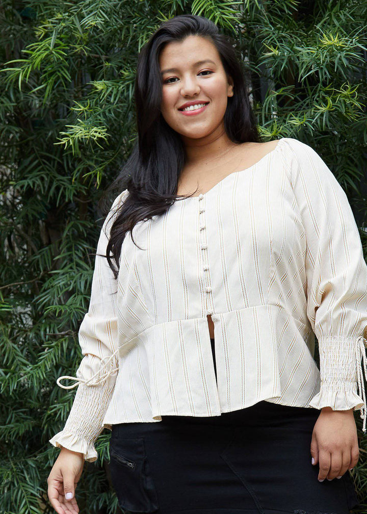 Plus Size Smocked Sleeve Wrap Blouse in Yellow by Shop at Konus