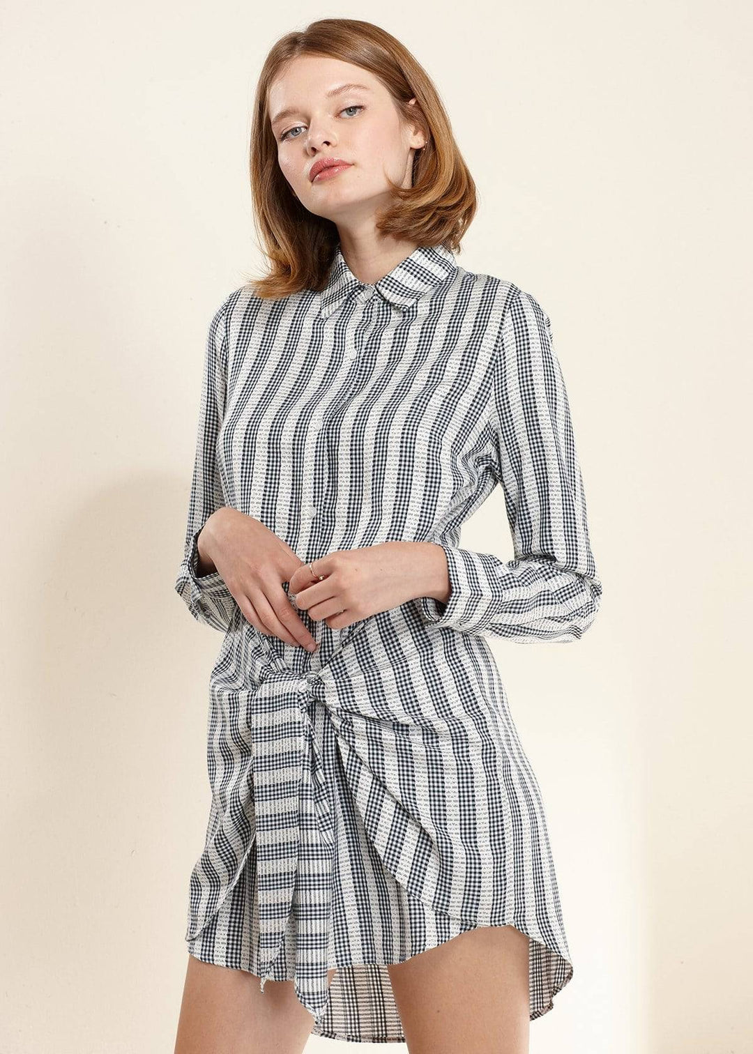 Women's Lace Trim Wrapped Shirt Dress in Ditsy Gingham by Shop at Konus