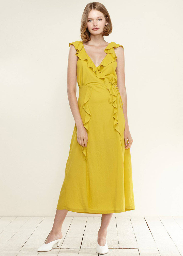 Ruffle Trim Wrapped Maxi Dress in Mustard by Shop at Konus