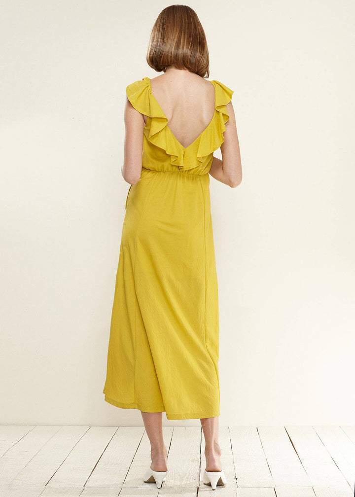 Ruffle Trim Wrapped Maxi Dress in Mustard by Shop at Konus