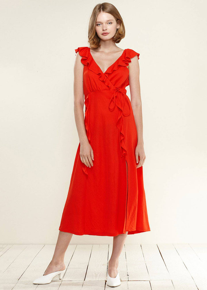 Ruffle Trim Wrapped Maxi Dress in Red by Shop at Konus