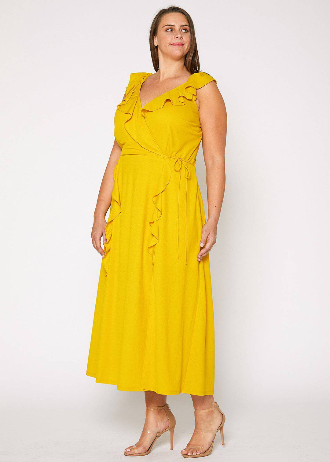 Plus Size Ruffle Trim Wrapped Maxi Dress in Mustard by Shop at Konus