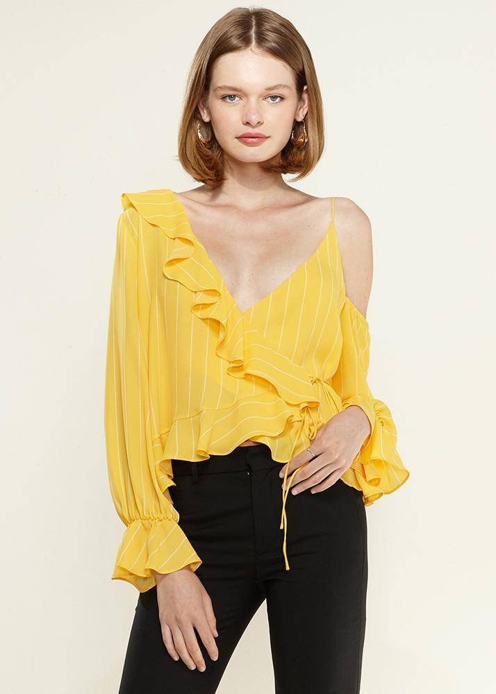 Women's Asymmetrical Shoulder Ruffle Blouse in Yellow by Shop at Konus