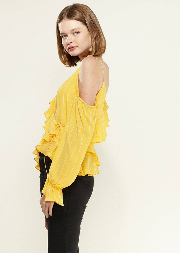 Women's Asymmetrical Shoulder Ruffle Blouse in Yellow by Shop at Konus