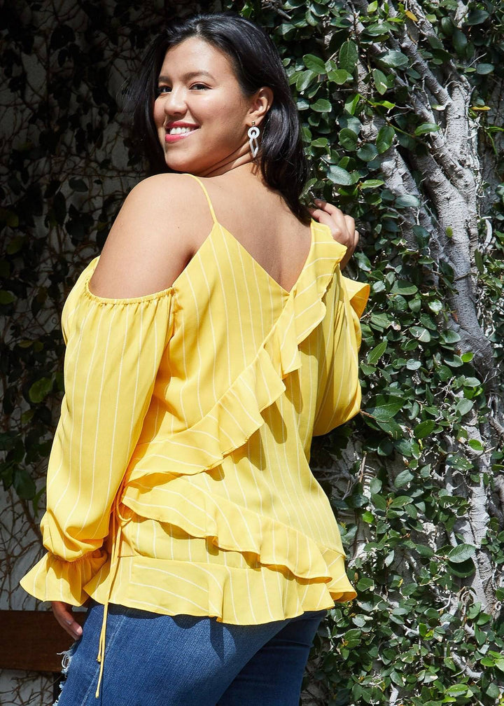 Plus Size Asymmetrical Shoulder Ruffle Blouse in Yellow by Shop at Konus