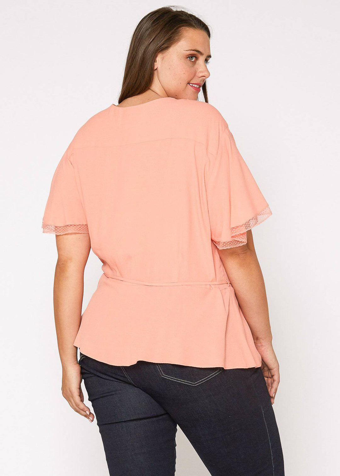 Plus Size Lace Trim Cape Sleeve Wrap Blouse in Coral by Shop at Konus