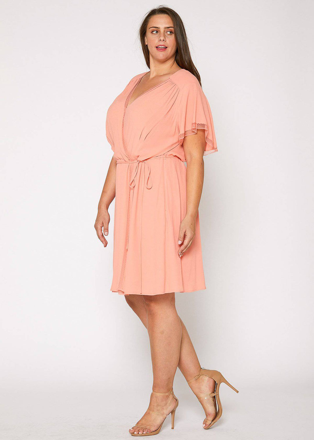 Plus Size Lace Trim Wrap Dress in Coral by Shop at Konus