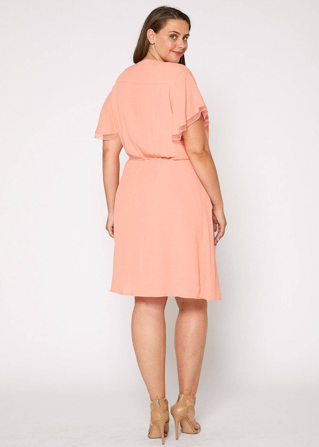 Plus Size Lace Trim Wrap Dress in Coral by Shop at Konus