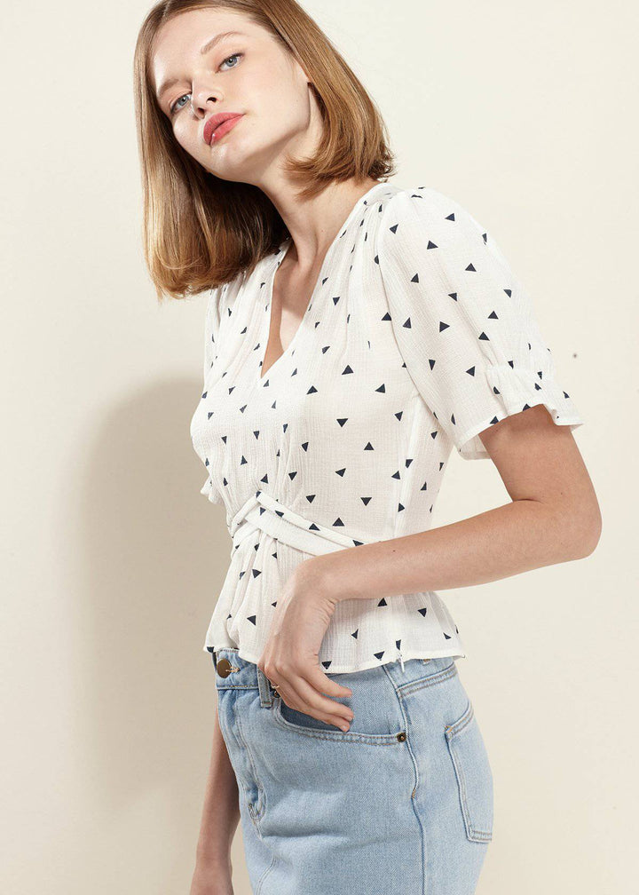 Triangle Print Puff Sleeve Blouse in White triangle by Shop at Konus