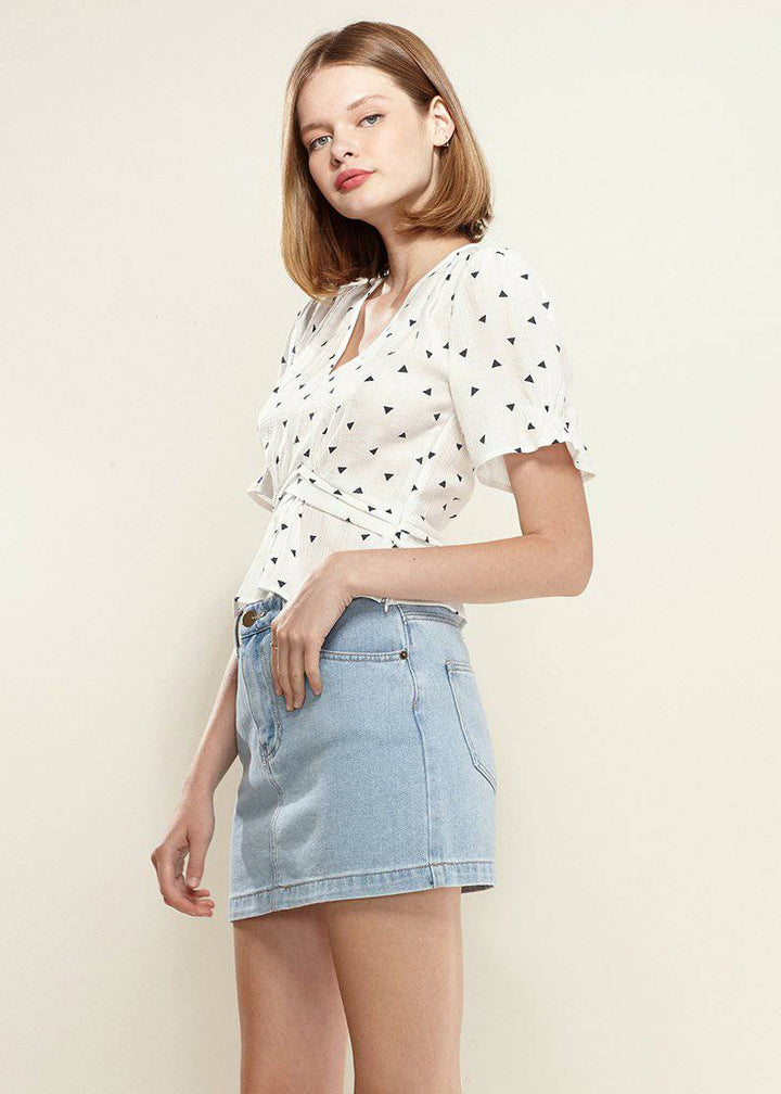 Triangle Print Puff Sleeve Blouse in White triangle by Shop at Konus