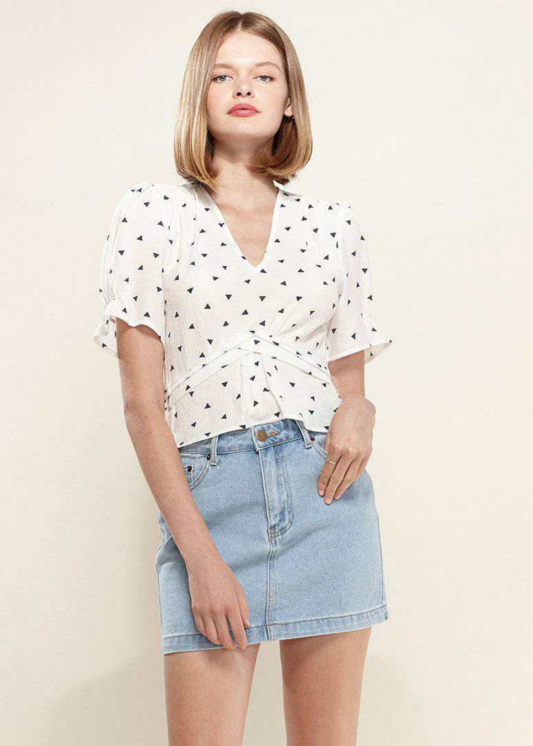 Triangle Print Puff Sleeve Blouse in White triangle by Shop at Konus