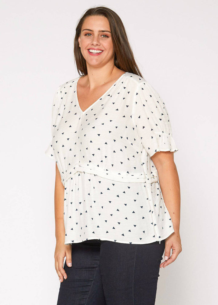 Plus Size Triangle Print Puff Sleeve Blouse in White Triangle by Shop at Konus