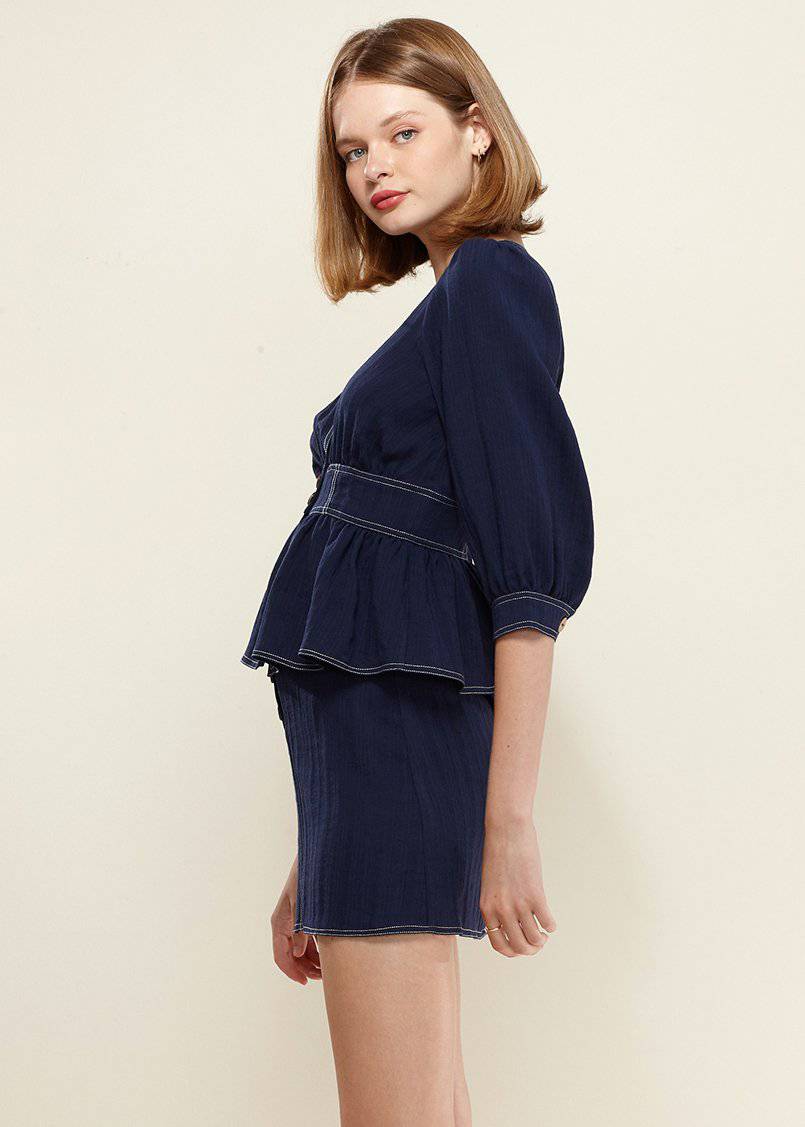 Puff Shoulder Button Front Peplum Top in Navy by Shop at Konus