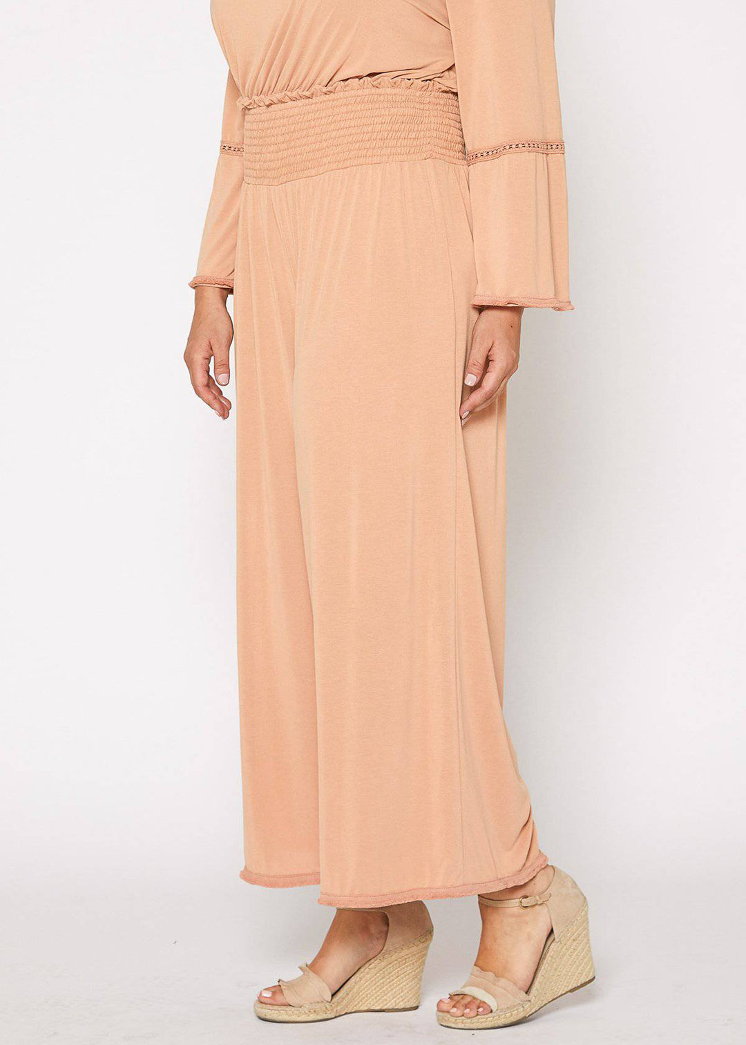 Plus Size Smocked Waist Wide Leg Palazzo Pants in Apricot by Shop at Konus